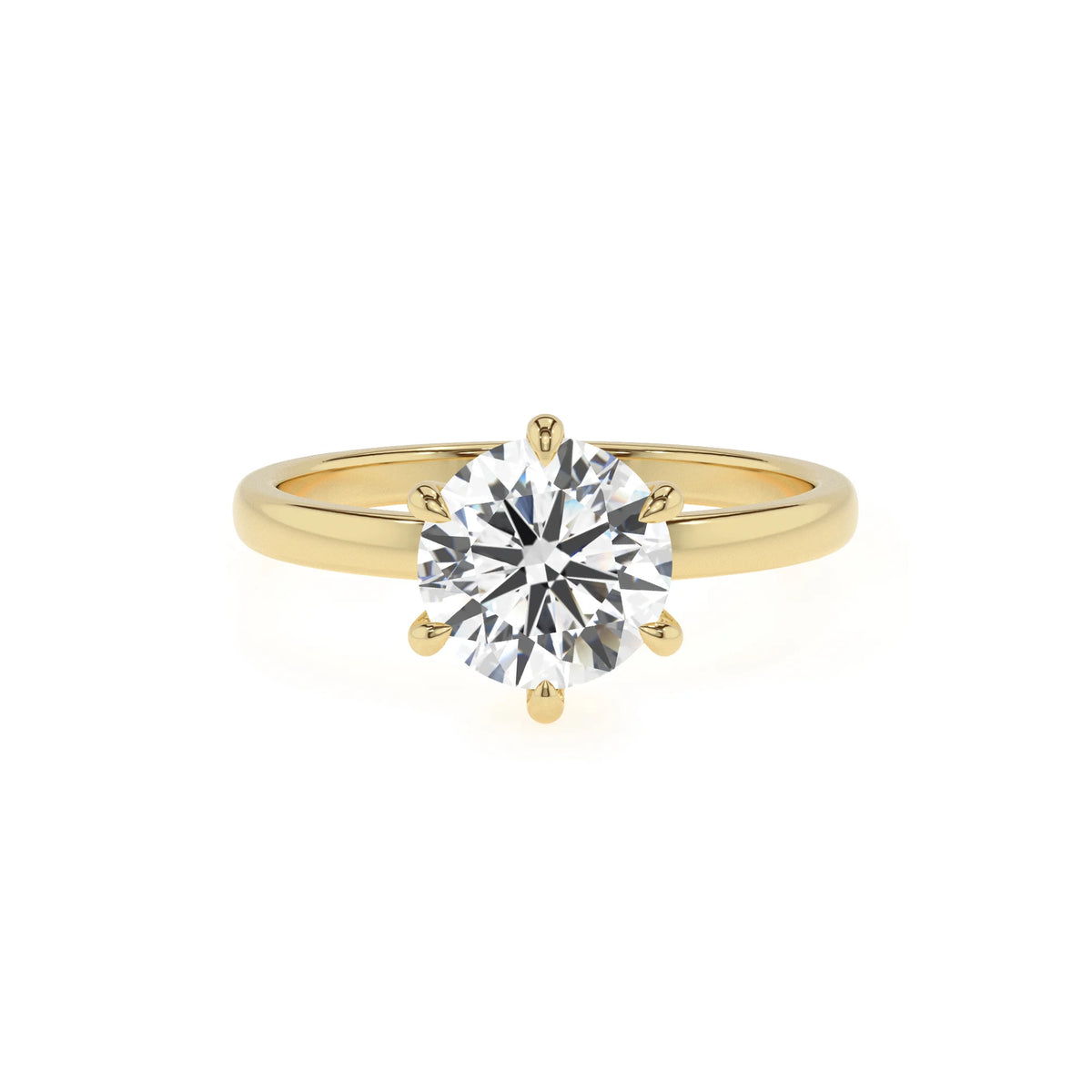 lab grown moissanite round solitaire rings in yellow gold 