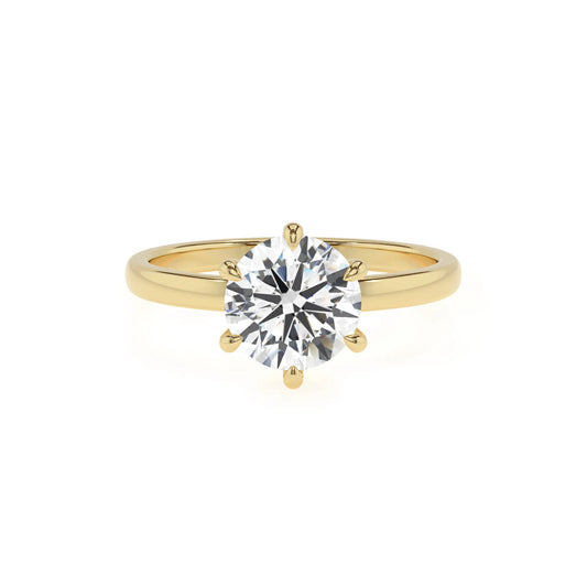 lab grown moissanite round solitaire rings in yellow gold 