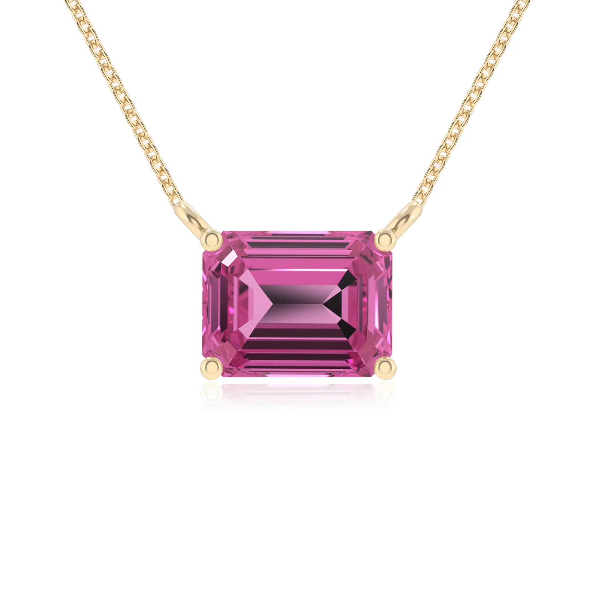 lab grown pink-sapphire emerald cut solitaire necklaces in yellow gold 