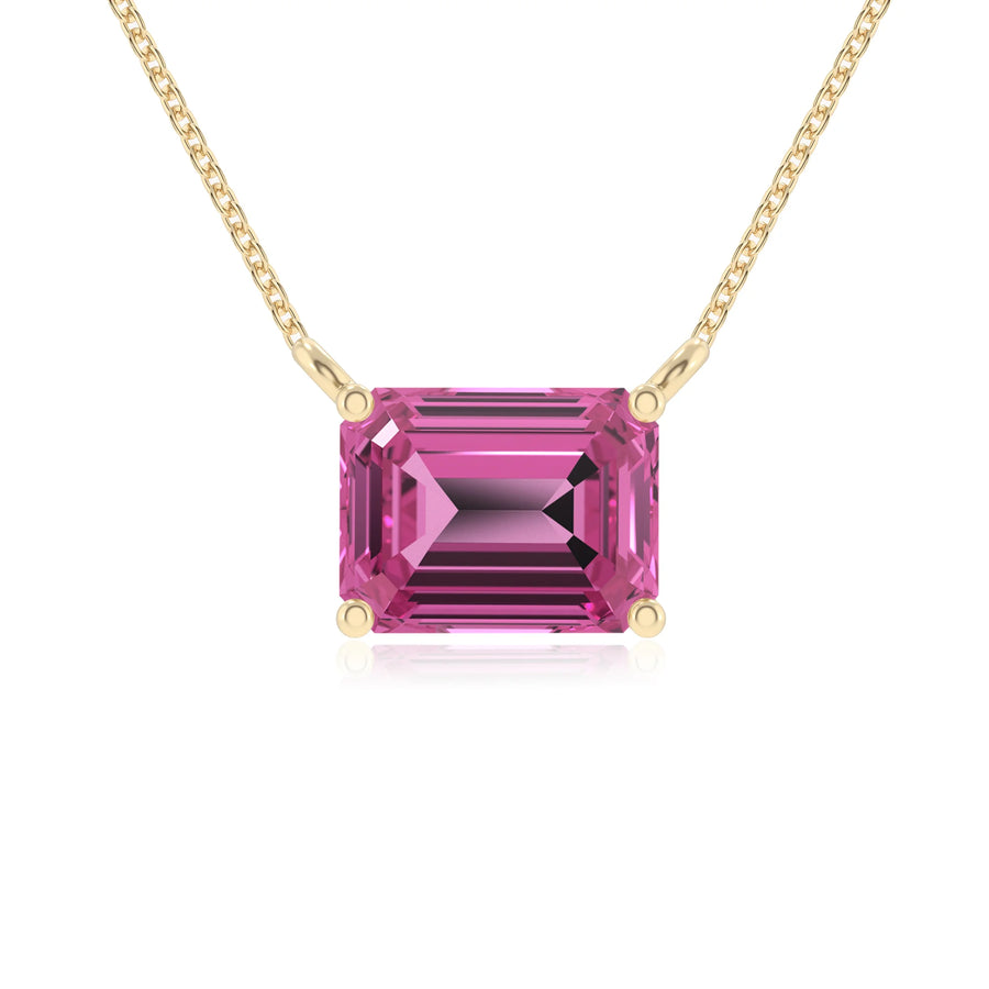 lab grown pink-sapphire emerald cut solitaire necklaces in yellow gold 