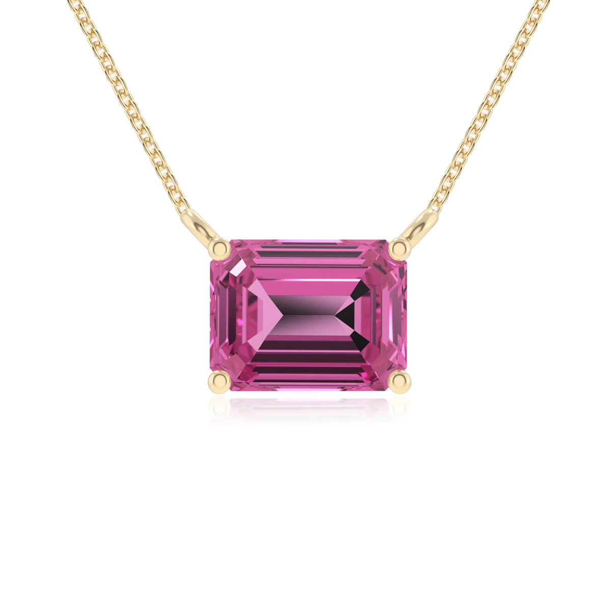 lab grown pink-sapphire emerald cut solitaire necklaces in yellow gold 