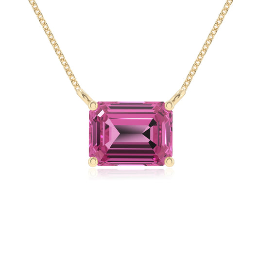 lab grown pink-sapphire emerald cut solitaire necklaces in yellow gold 