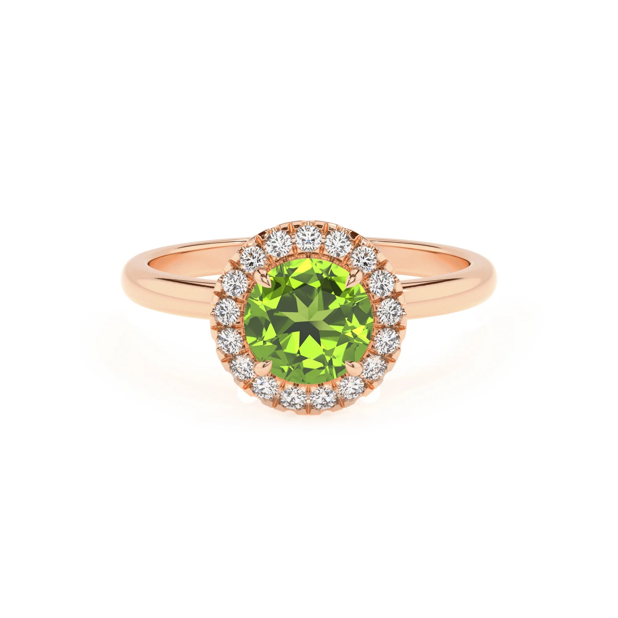 natural peridot round solitaire rings in rose gold 