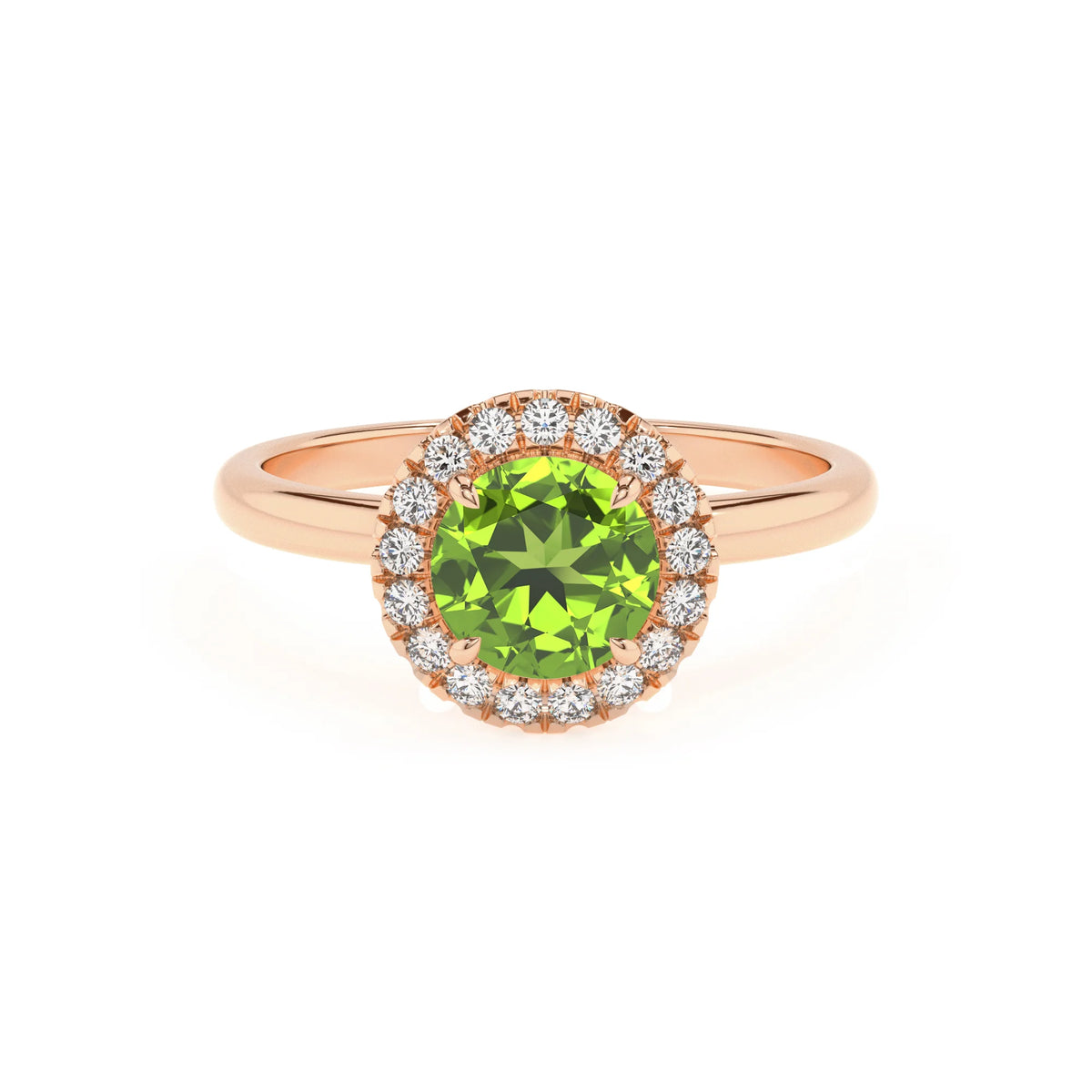 natural peridot round solitaire rings in rose gold 