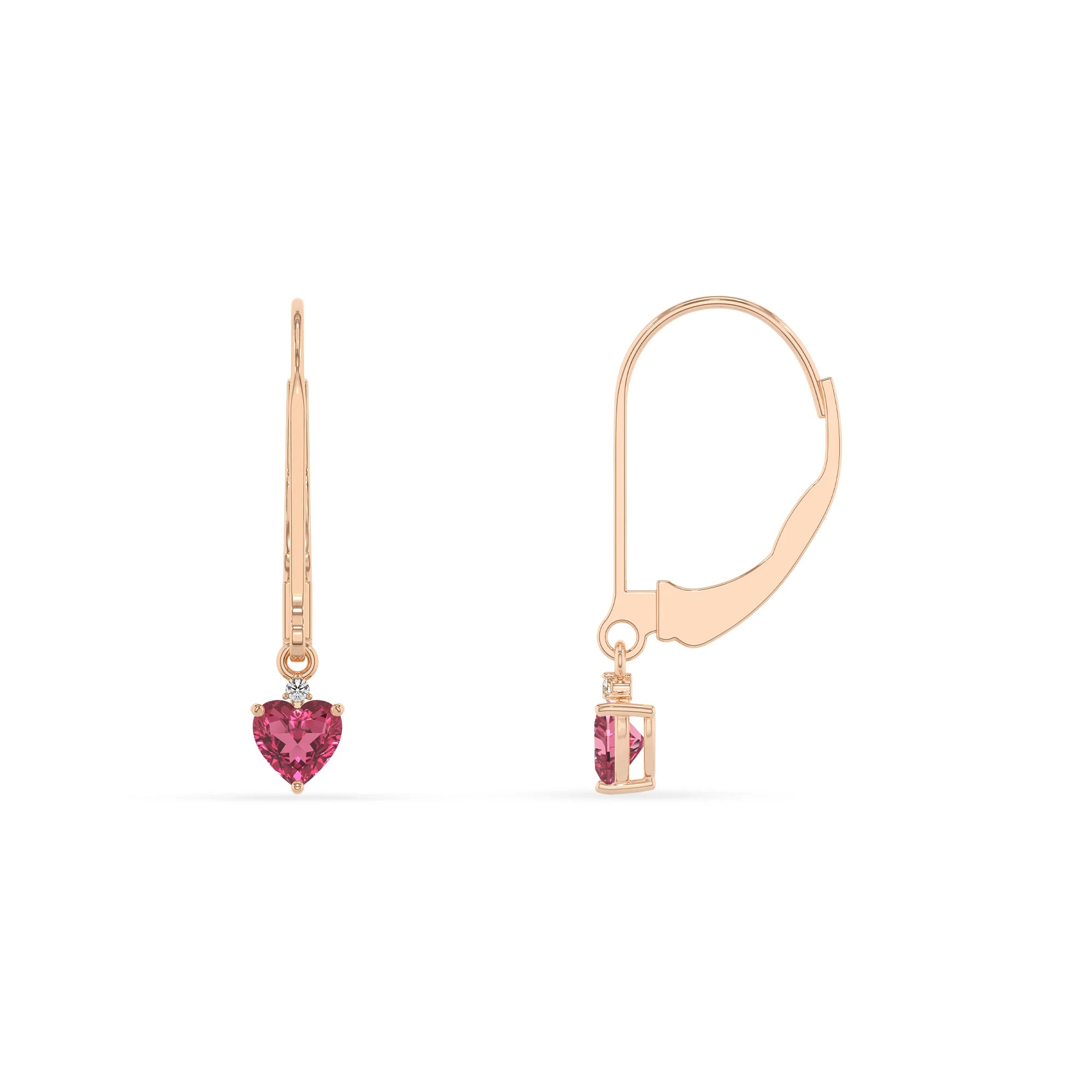 lab grown pink tourmaline heart drop earrings in rose gold 