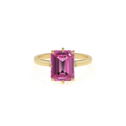 lab grown pink-sapphire emerald cut solitaire rings in yellow gold 