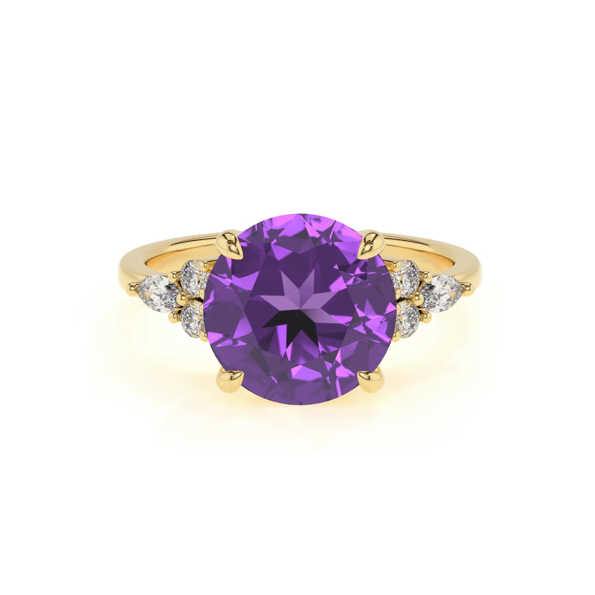 lab grown amethyst round solitaire rings in yellow gold 