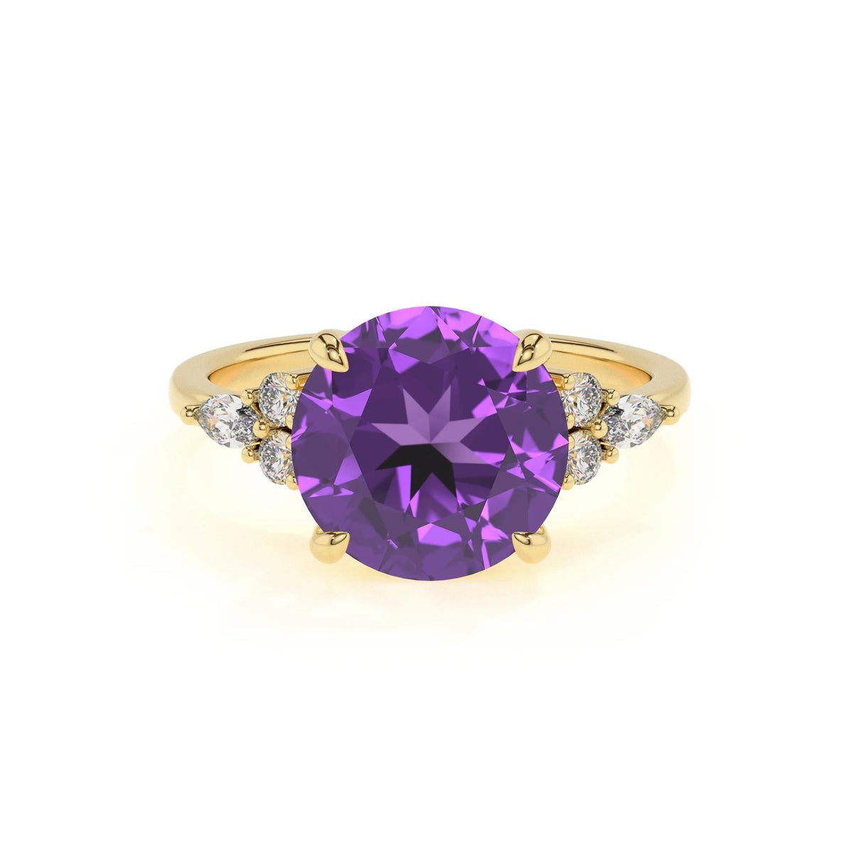 lab grown amethyst round solitaire rings in yellow gold 