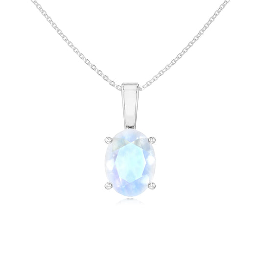 natural rainbow-moonstone oval solitaire necklaces in platinum 