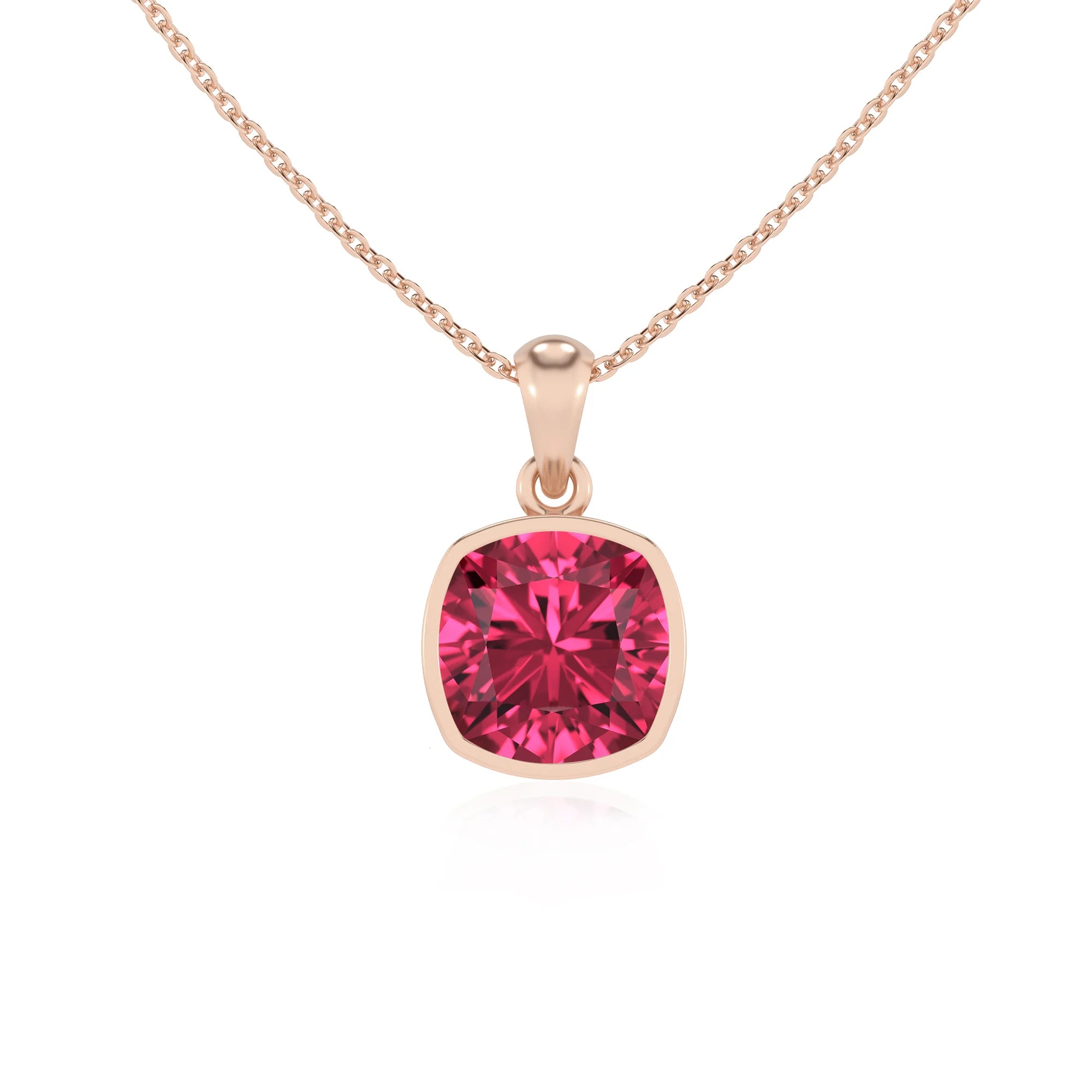 lab grown pink-tourmaline cushion solitaire necklaces in rose gold 