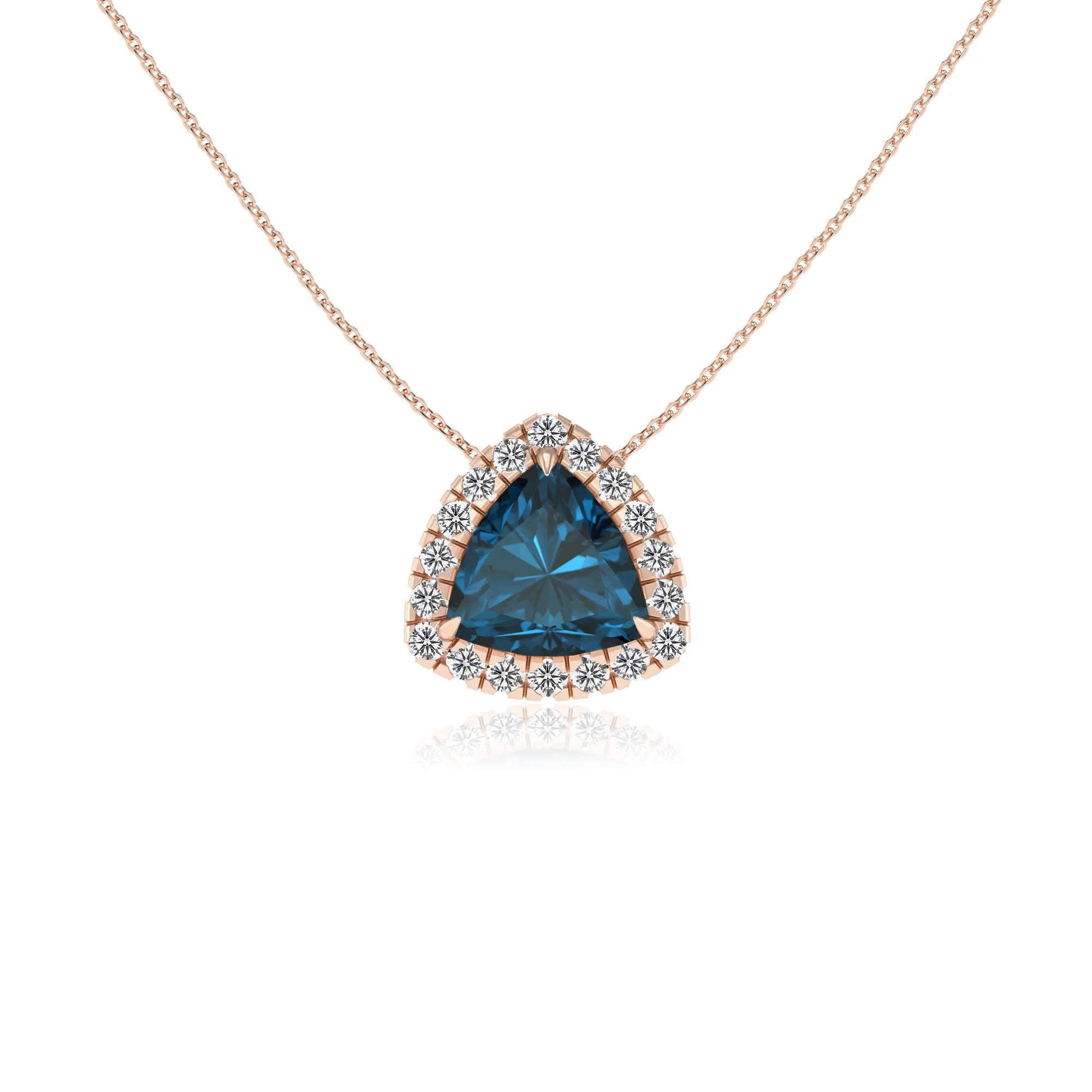 natural london blue topaz trillion solitaire necklaces in rose gold 