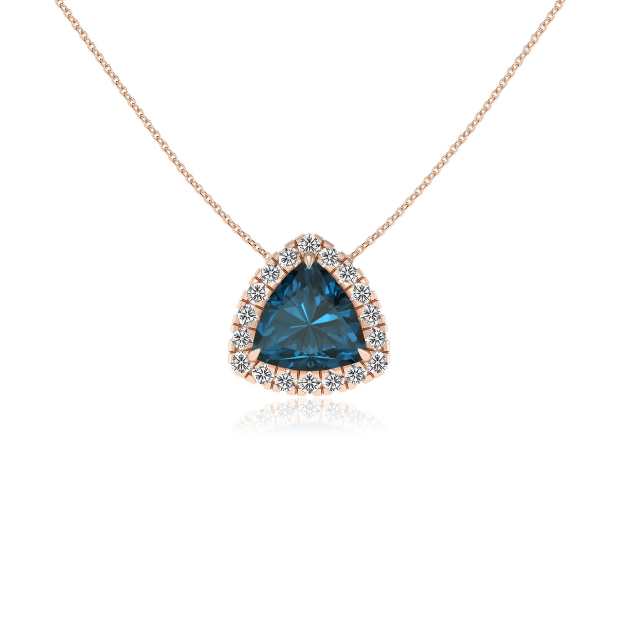 natural london blue topaz trillion solitaire necklaces in rose gold 