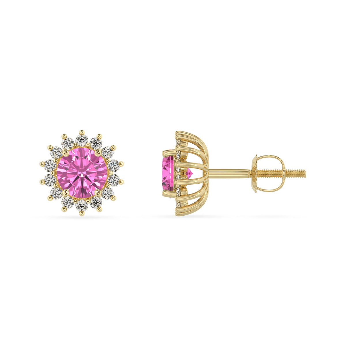 lab grown pink sapphire round stud earrings in yellow gold 