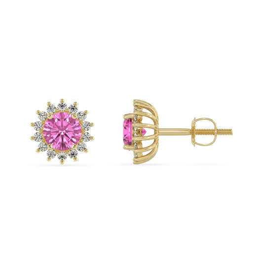 lab grown pink sapphire round stud earrings in yellow gold 