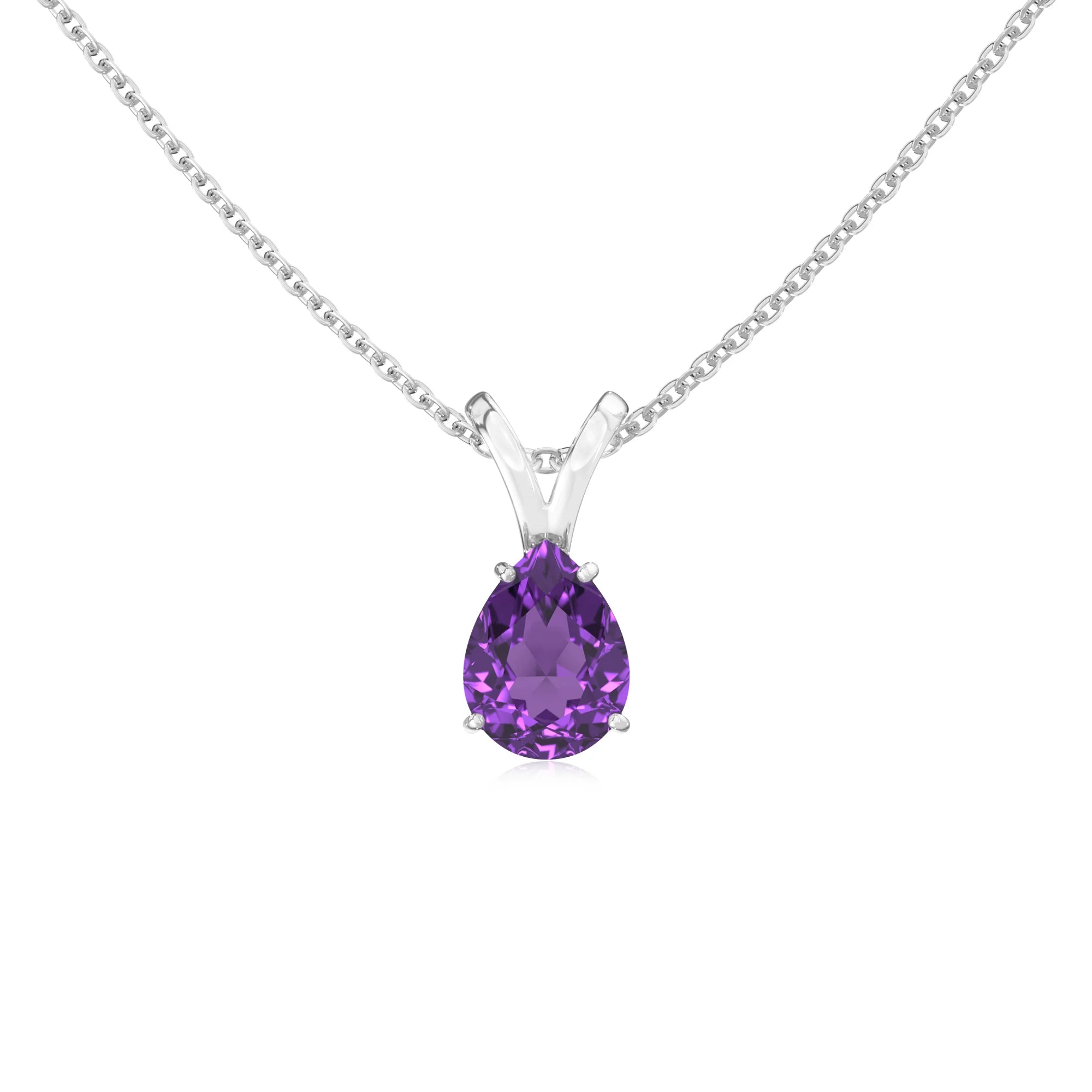 lab grown amethyst pear solitaire v-bale necklaces in white gold 