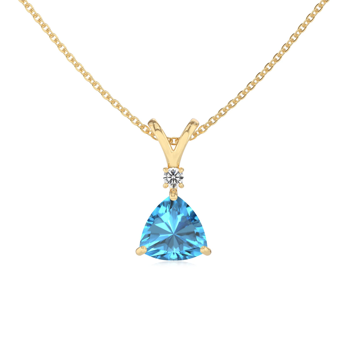natural swiss-blue-topaz trillion solitaire v-bale necklaces in yellow gold 