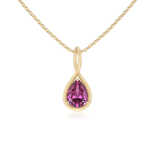 lab grown pink-sapphire pear solitaire necklaces in yellow gold 
