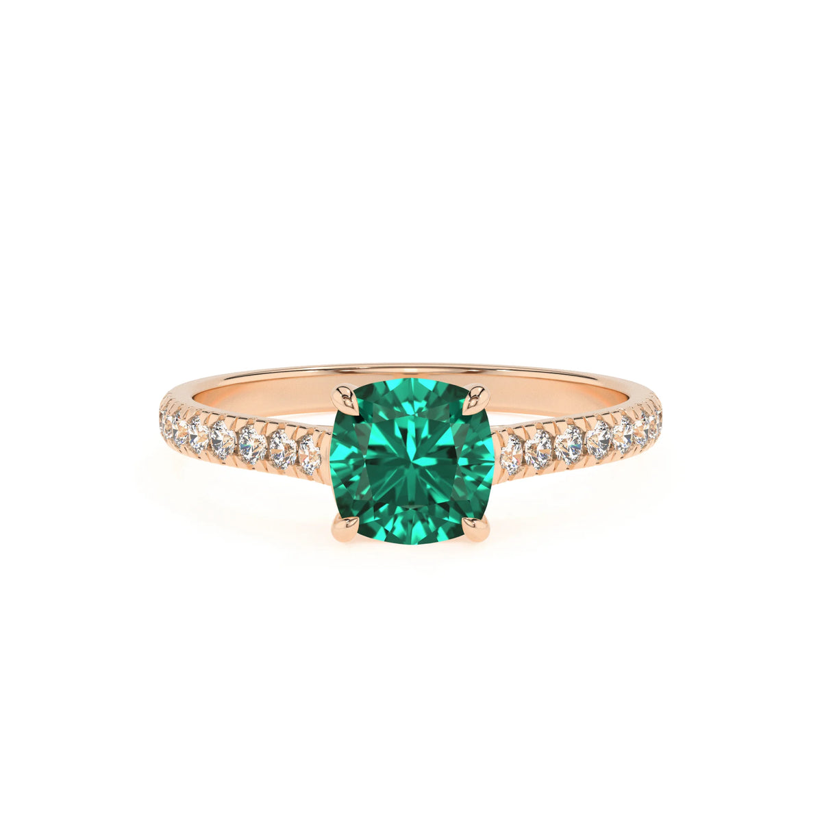 lab grown emerald cushion half eternity solitaire engagement rings in rose gold 