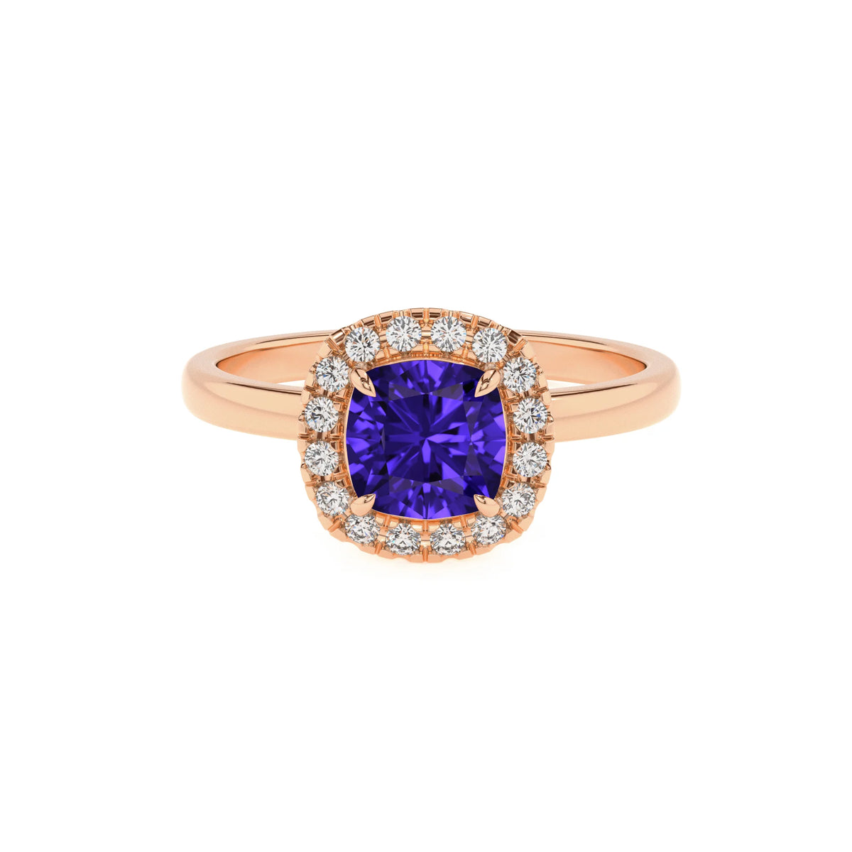 lab grown tanzanite cushion solitaire rings in rose gold 