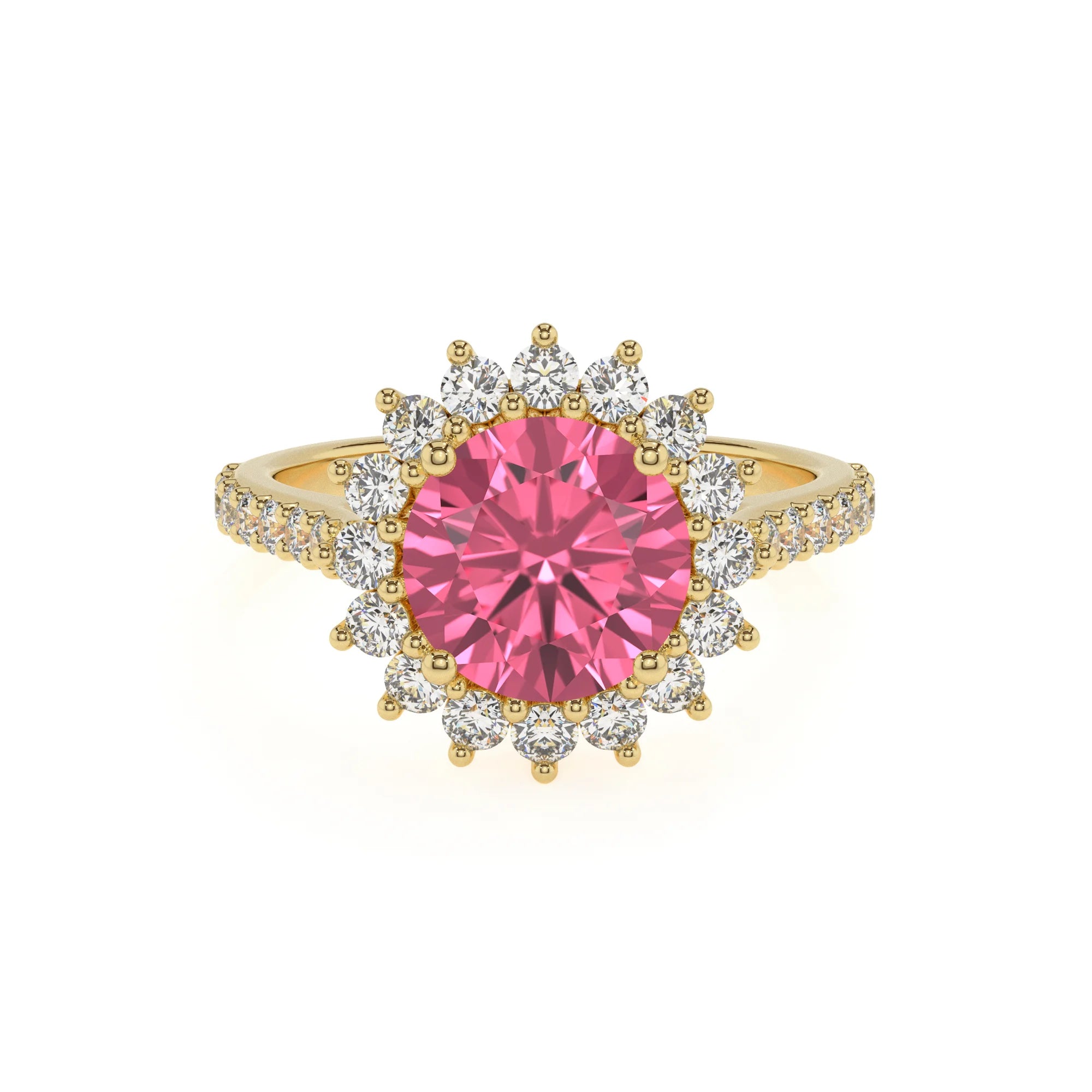 lab grown pink-tourmaline round solitaire rings in yellow gold 