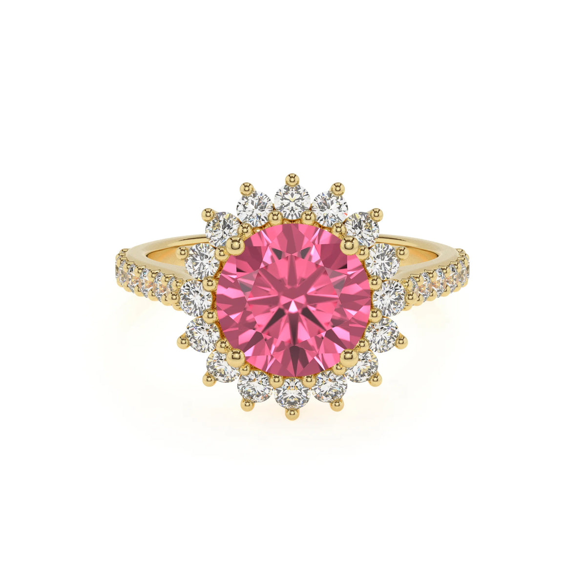 lab grown pink-tourmaline round solitaire rings in yellow gold 