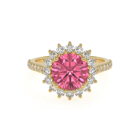 lab grown pink-tourmaline round solitaire rings in yellow gold 