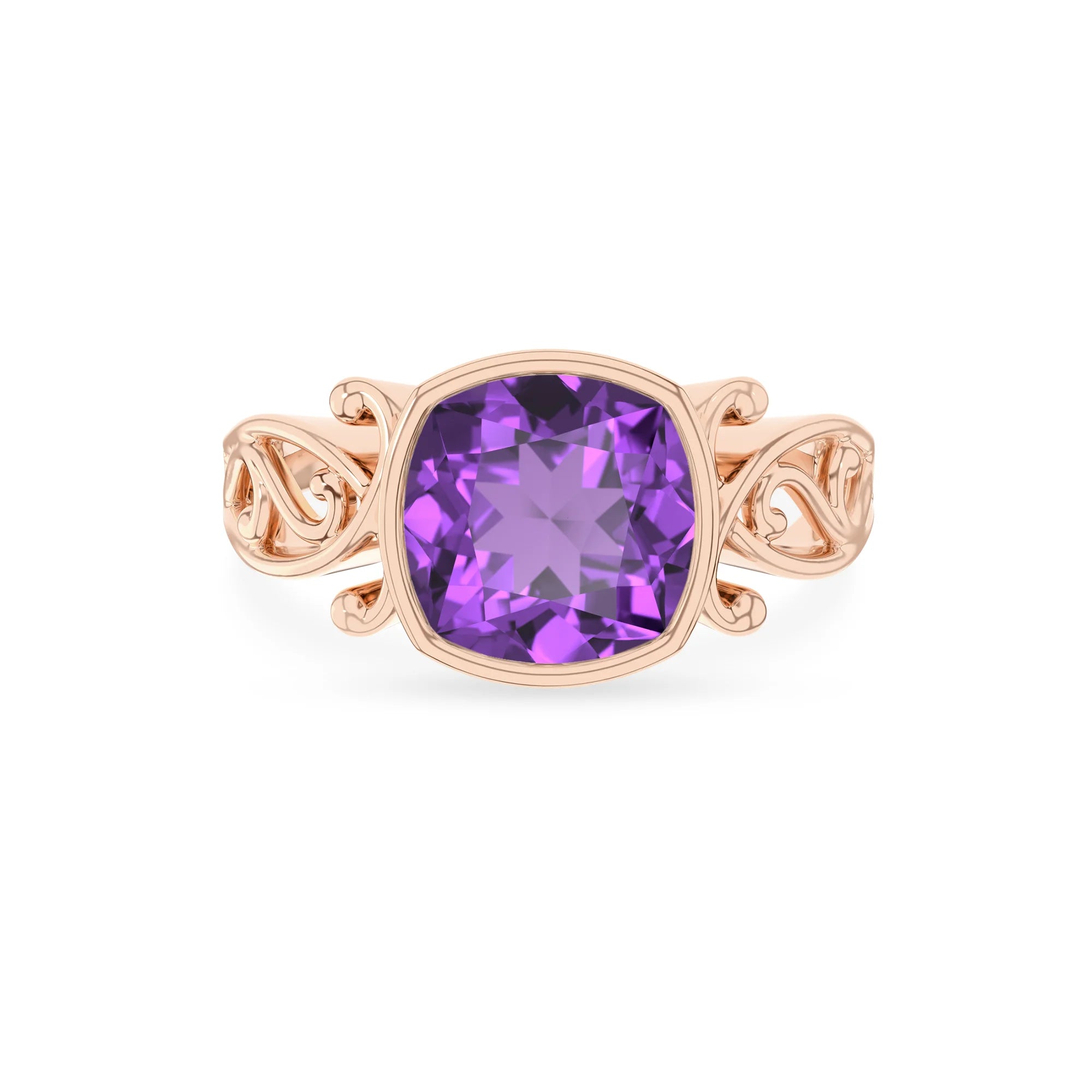 lab grown amethyst cushion solitaire rings in rose gold 