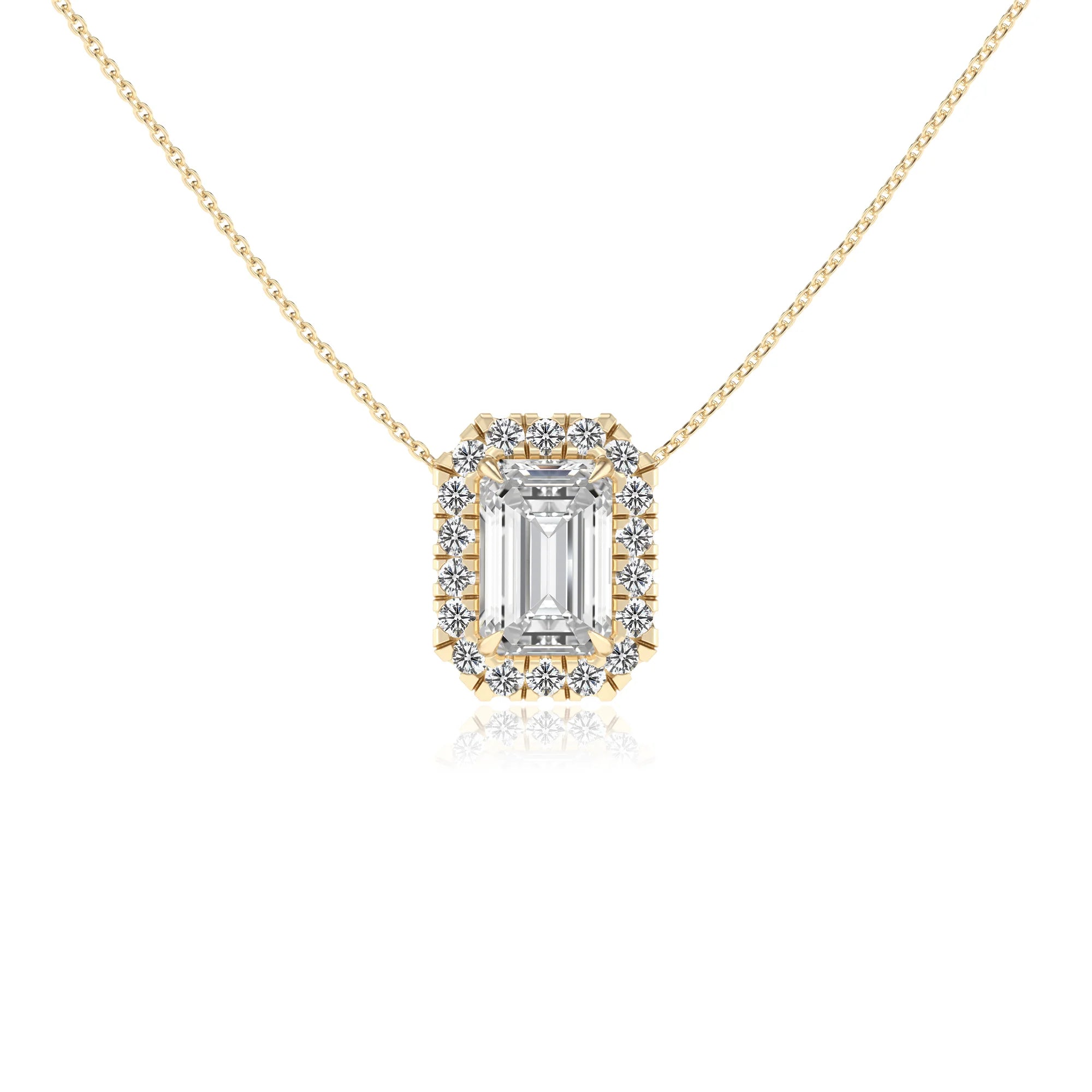 lab grown moissanite emerald cut solitaire necklaces in yellow gold 