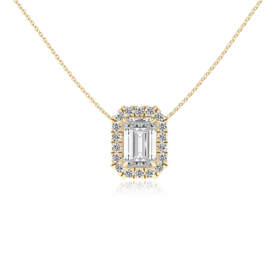 lab grown moissanite emerald cut solitaire necklaces in yellow gold 
