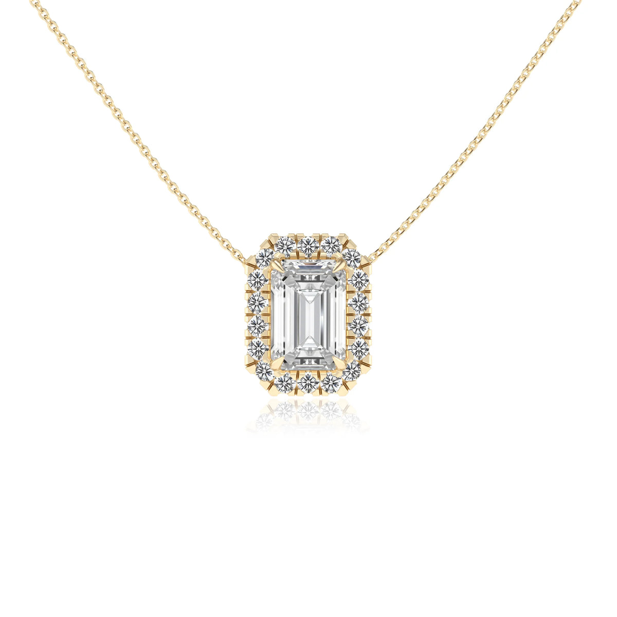 lab grown moissanite emerald cut solitaire necklaces in yellow gold 