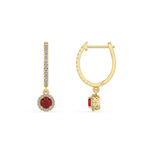 lab grown ruby round drop earrings in yellow gold 