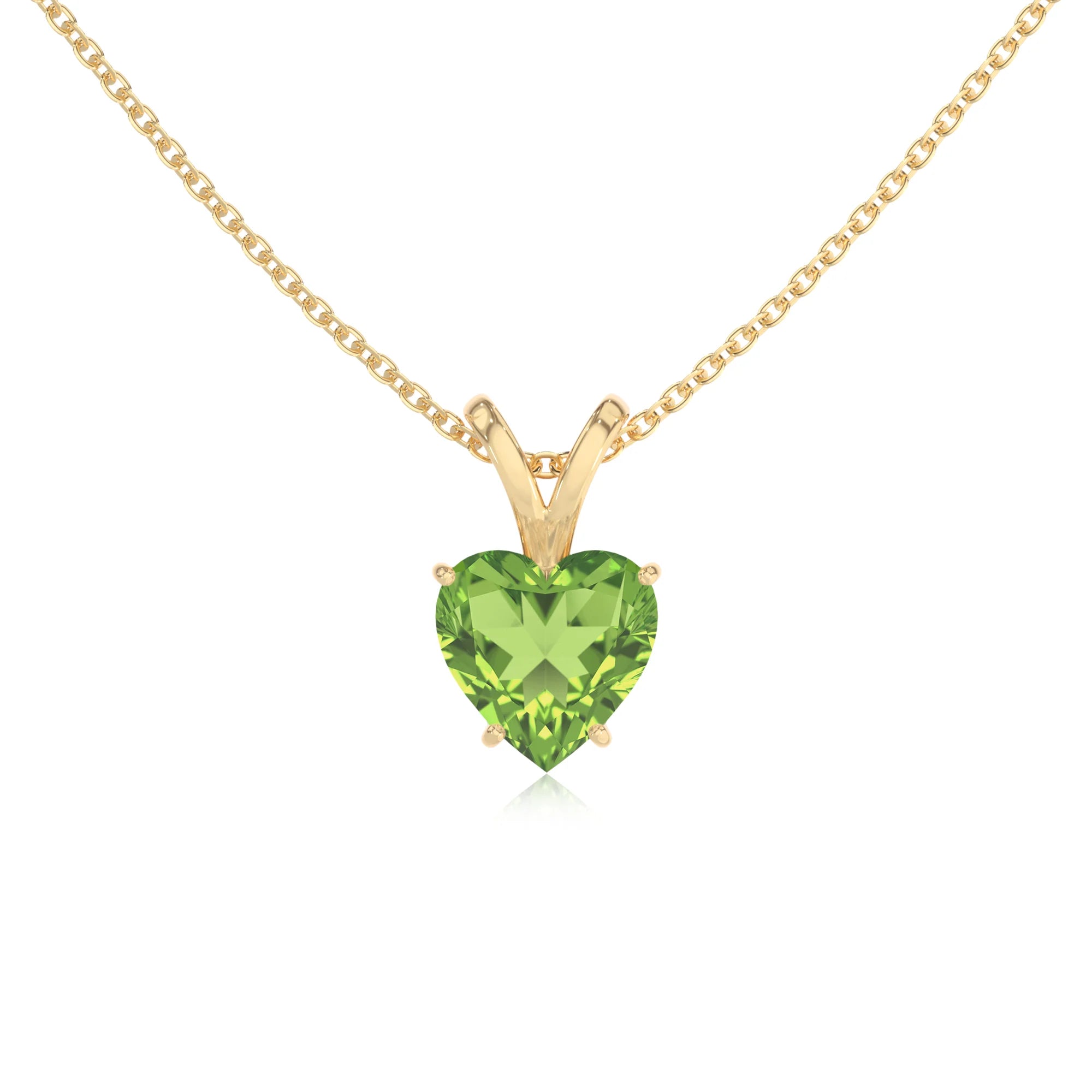 natural peridot heart solitaire v-bale necklaces in yellow gold 