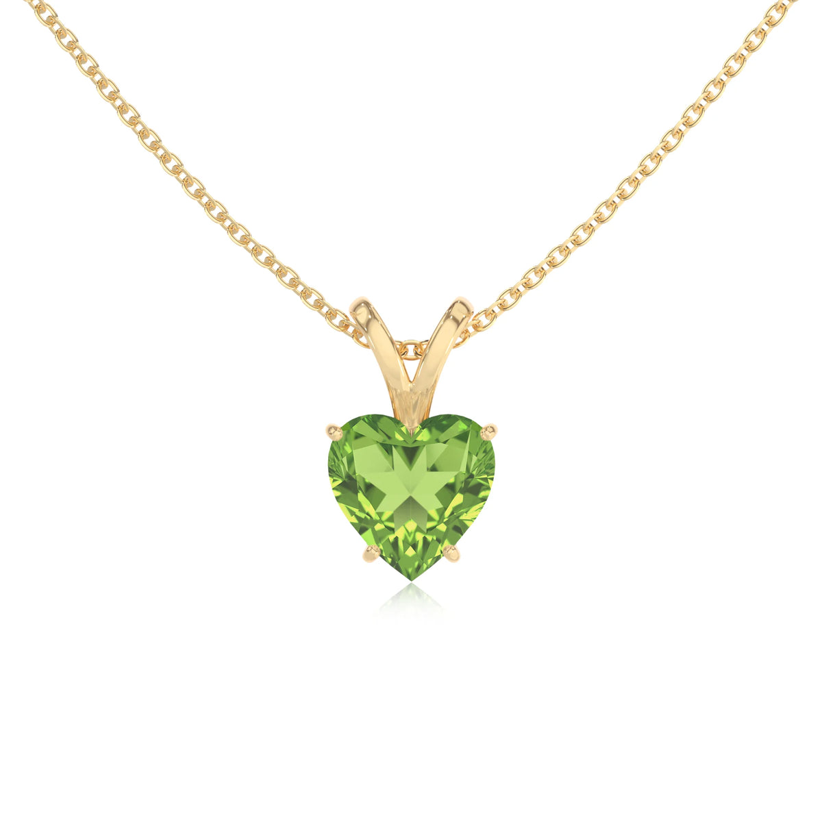 natural peridot heart solitaire v-bale necklaces in yellow gold 