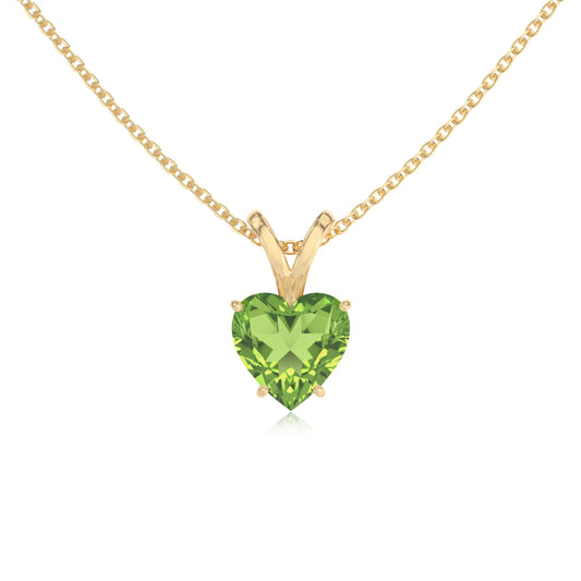 natural peridot heart solitaire v-bale necklaces in yellow gold 