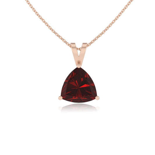 natural garnet trillion solitaire v-bale necklaces in rose gold 