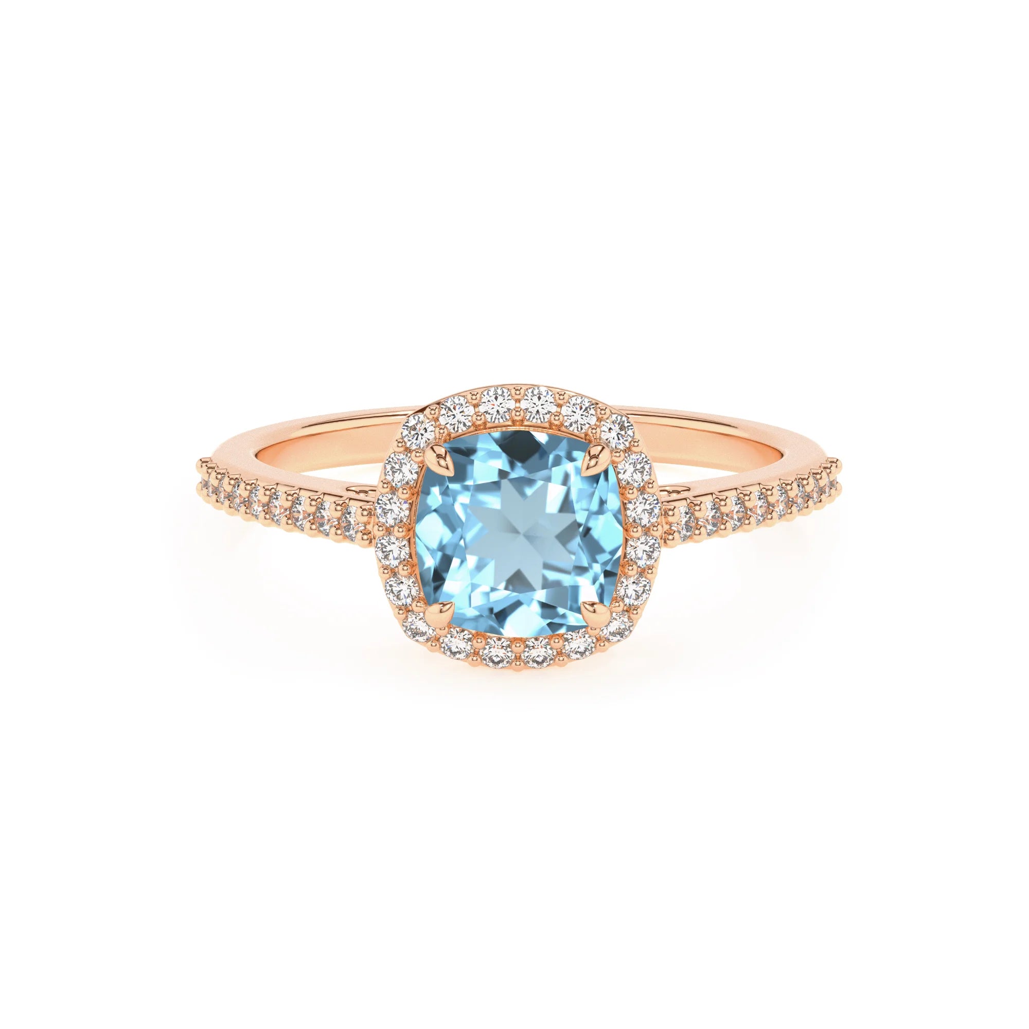 lab grown aquamarine cushion solitaire rings in rose gold 