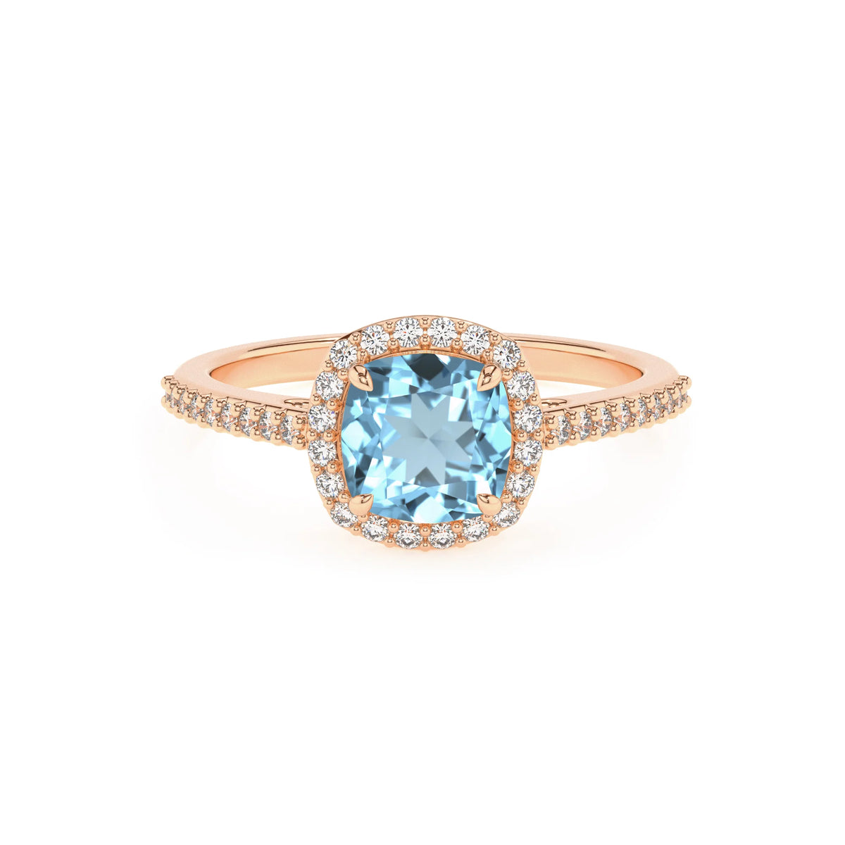 lab grown aquamarine cushion solitaire rings in rose gold 