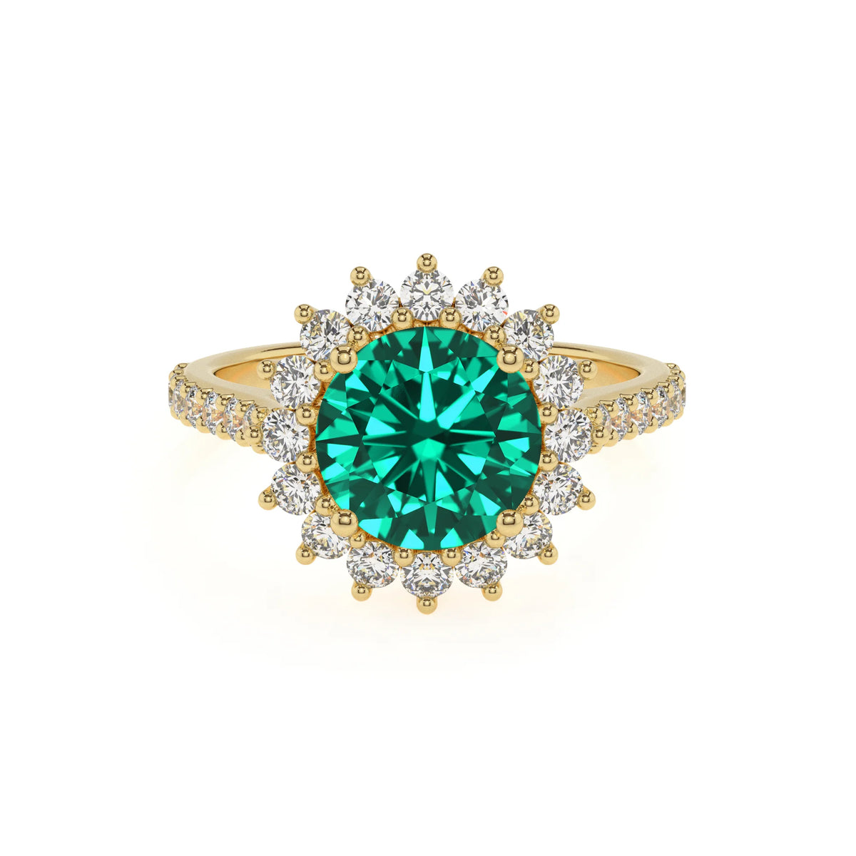 lab grown emerald round solitaire rings in yellow gold 