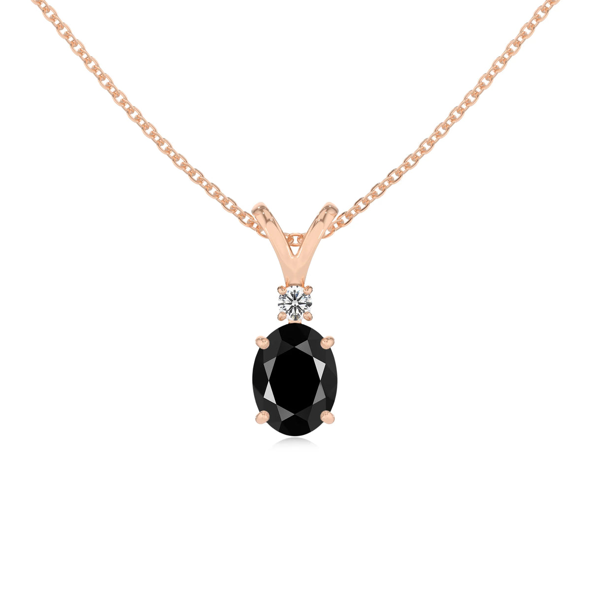 natural black-onyx oval solitaire v-bale necklaces in rose gold 