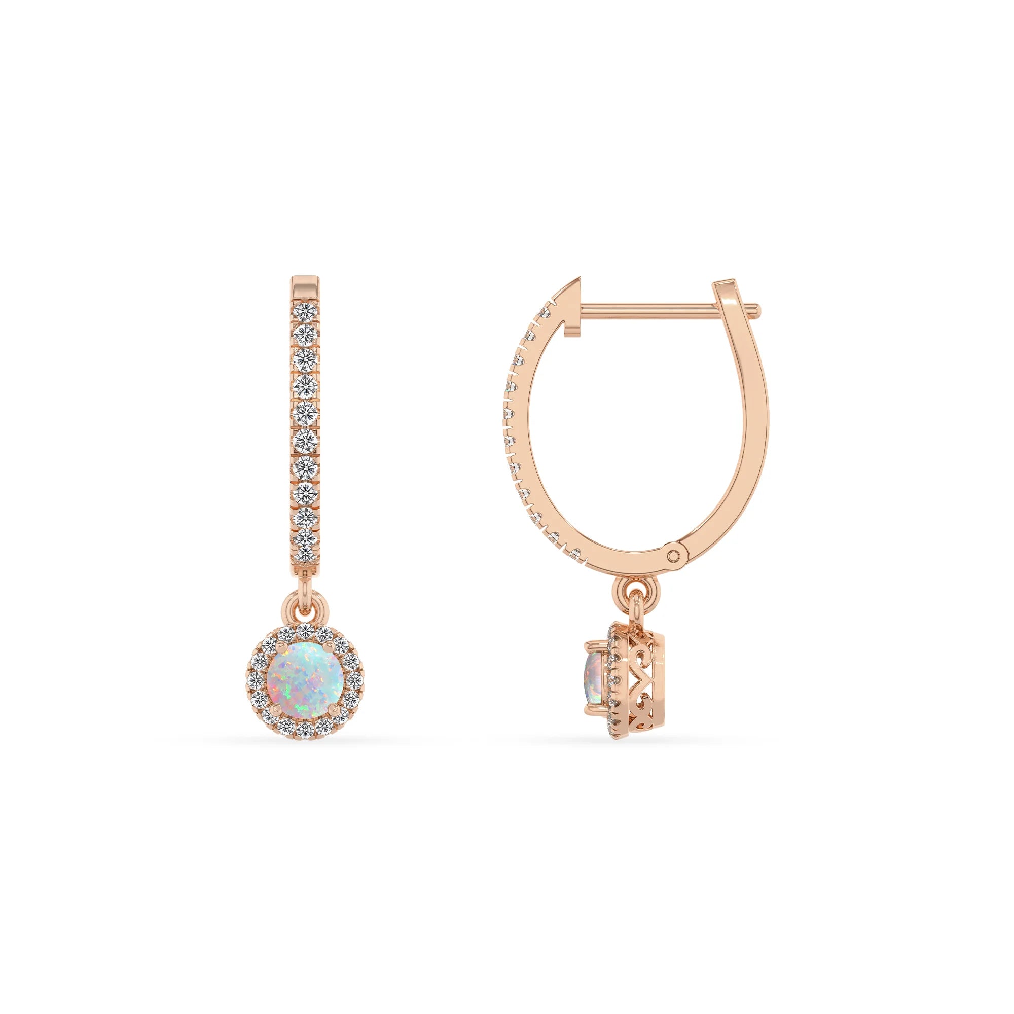 lab grown opal round drop earrings in rose gold 