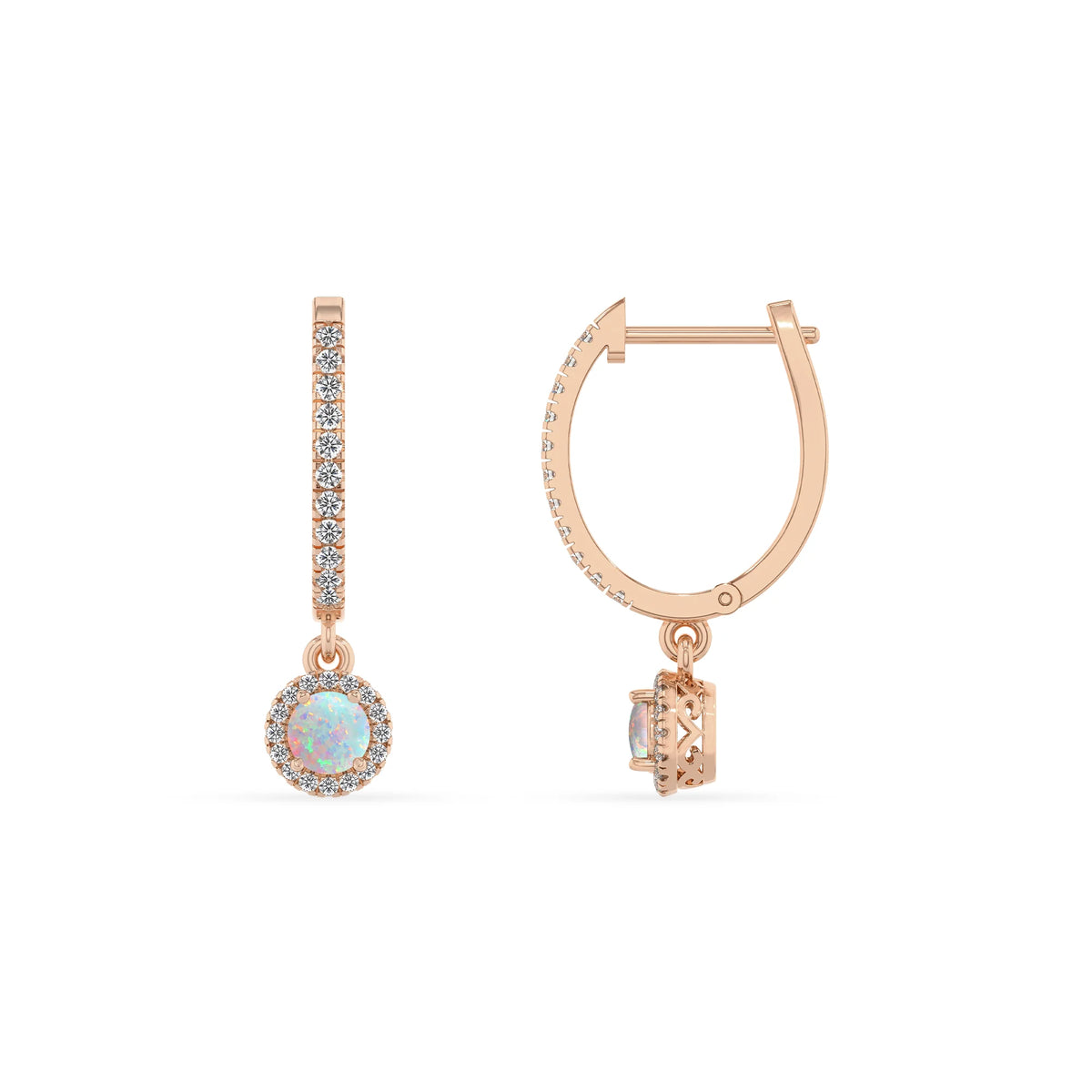 lab grown opal round drop earrings in rose gold 