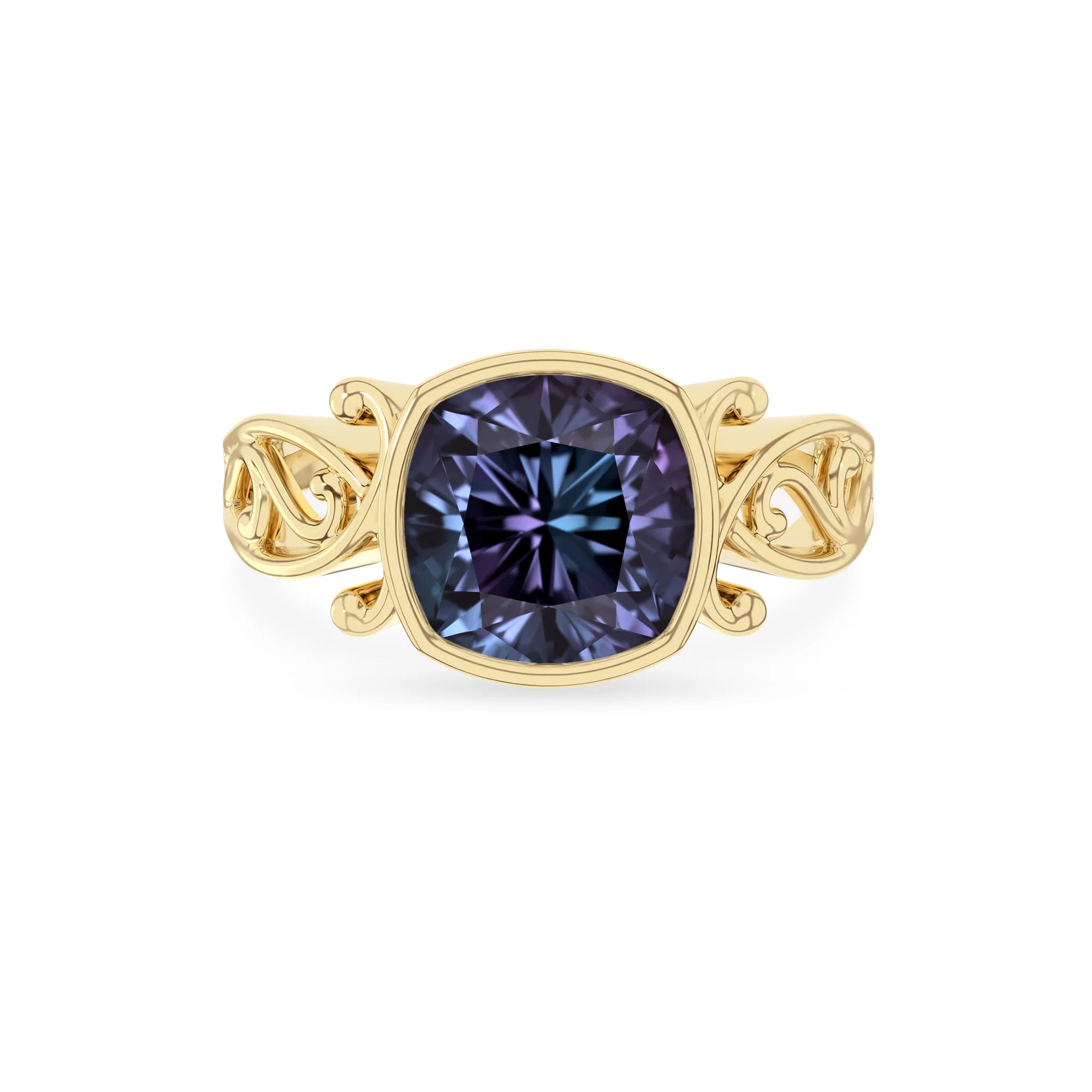 lab grown alexandrite cushion solitaire rings in yellow gold 
