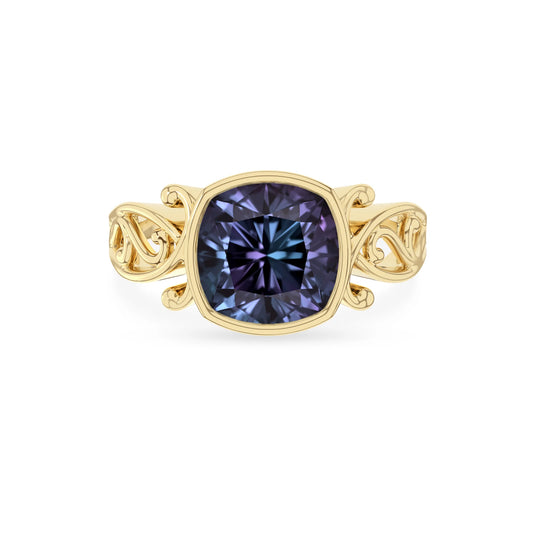 lab grown alexandrite cushion solitaire rings in yellow gold 