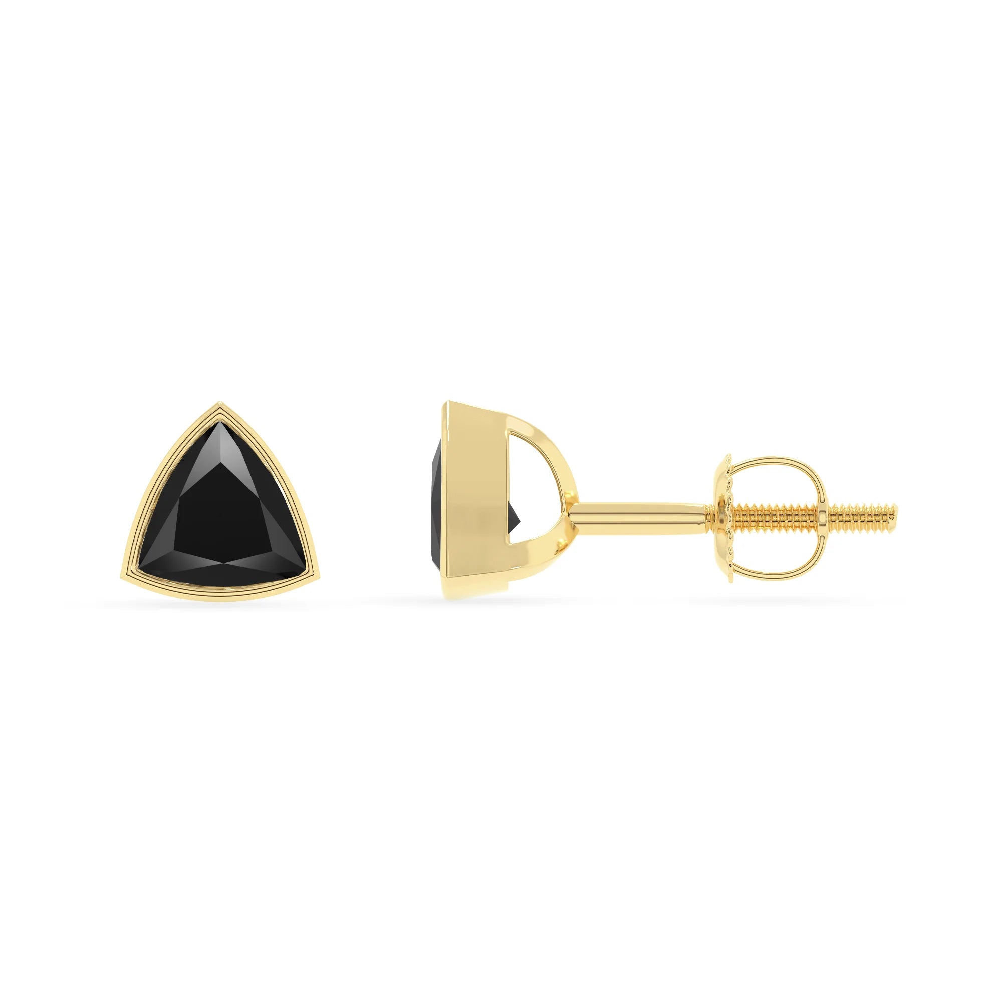 natural black onyx trillion stud earrings in yellow gold 