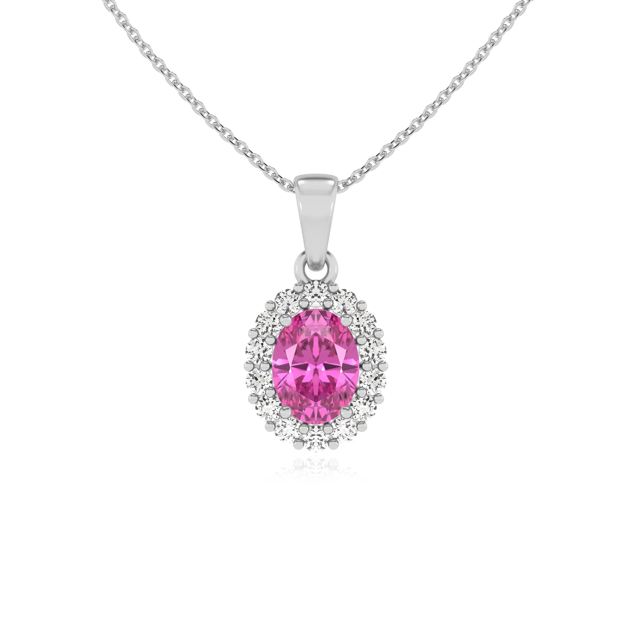 lab grown pink-sapphire oval solitaire necklaces in white gold 