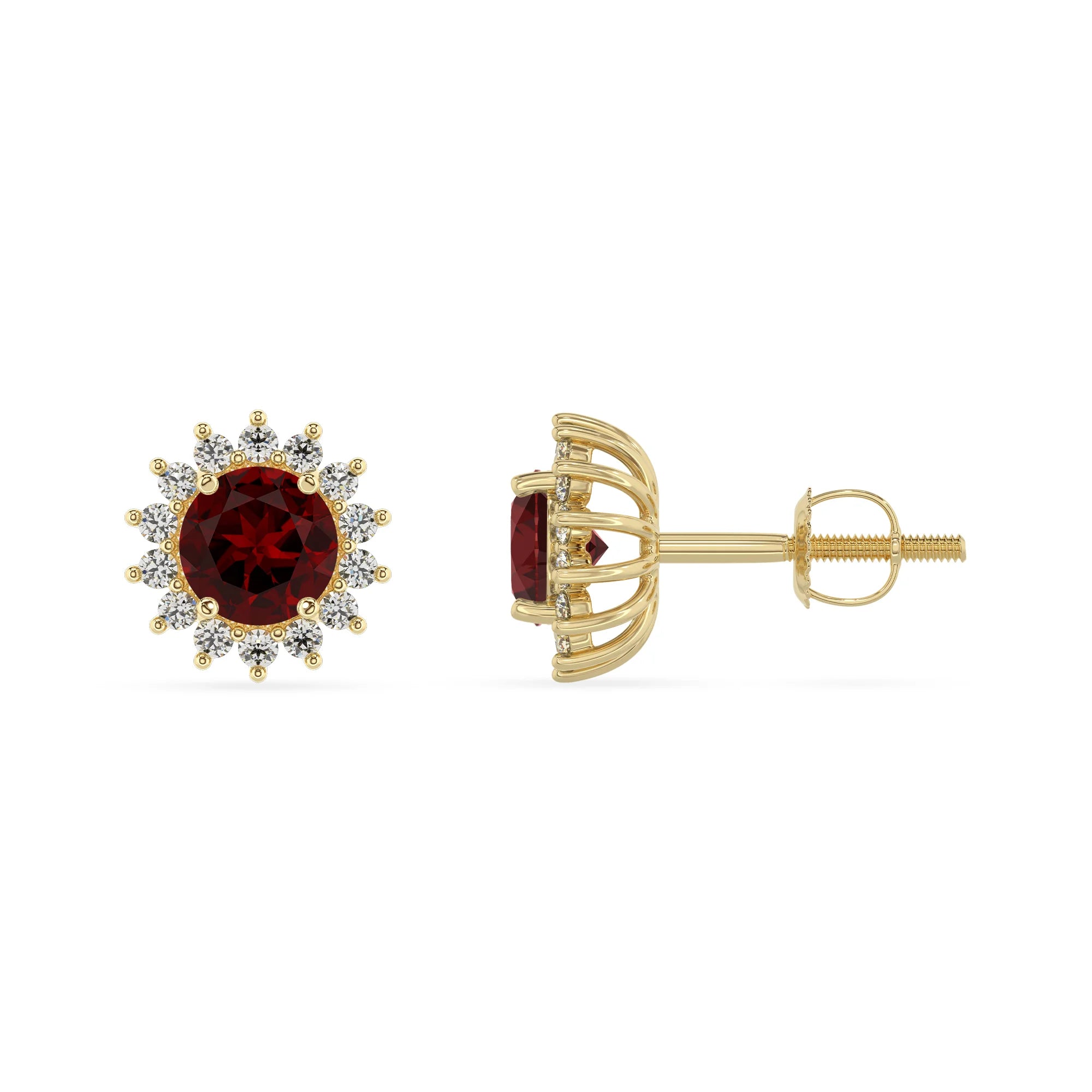 natural garnet round stud earrings in yellow gold 