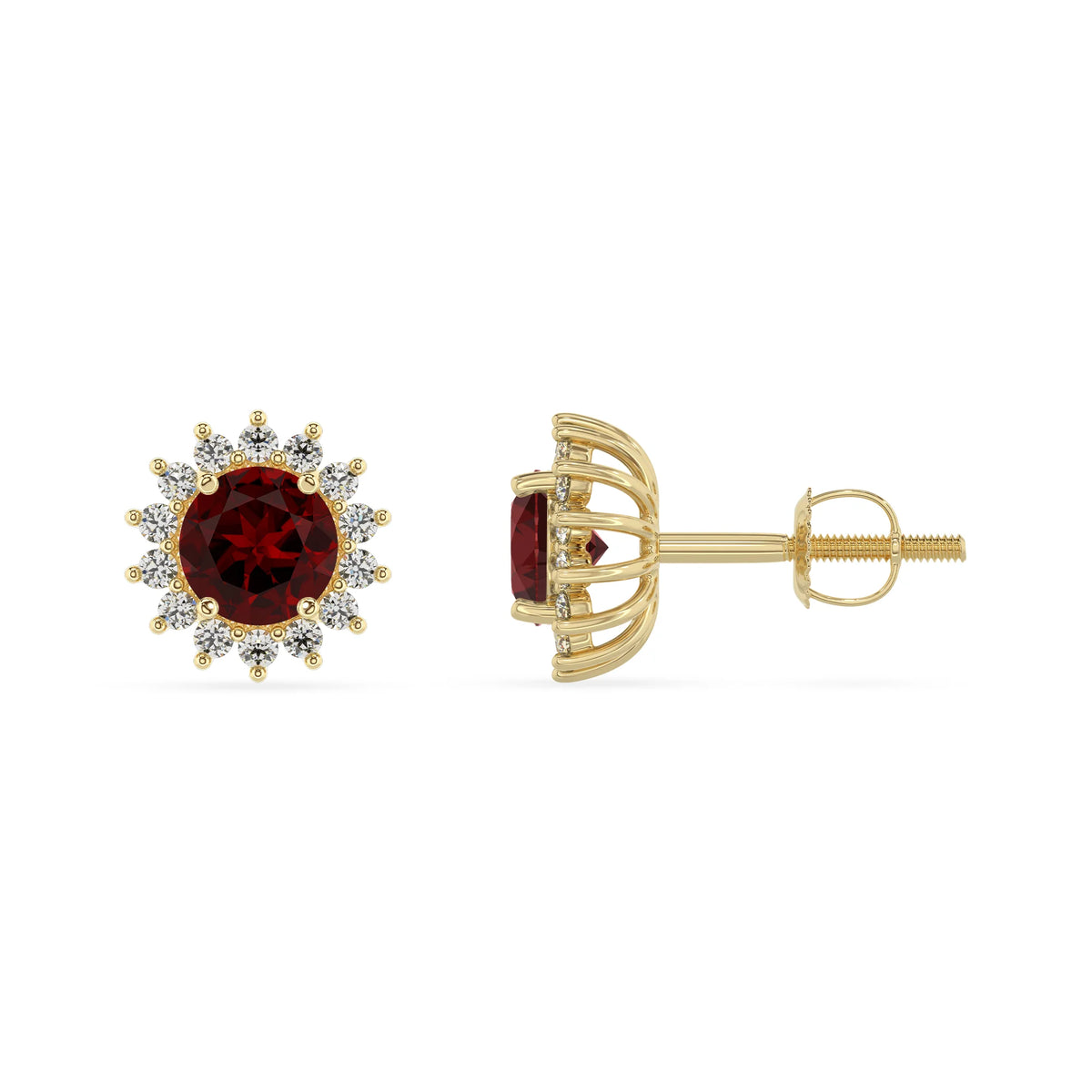 natural garnet round stud earrings in yellow gold 