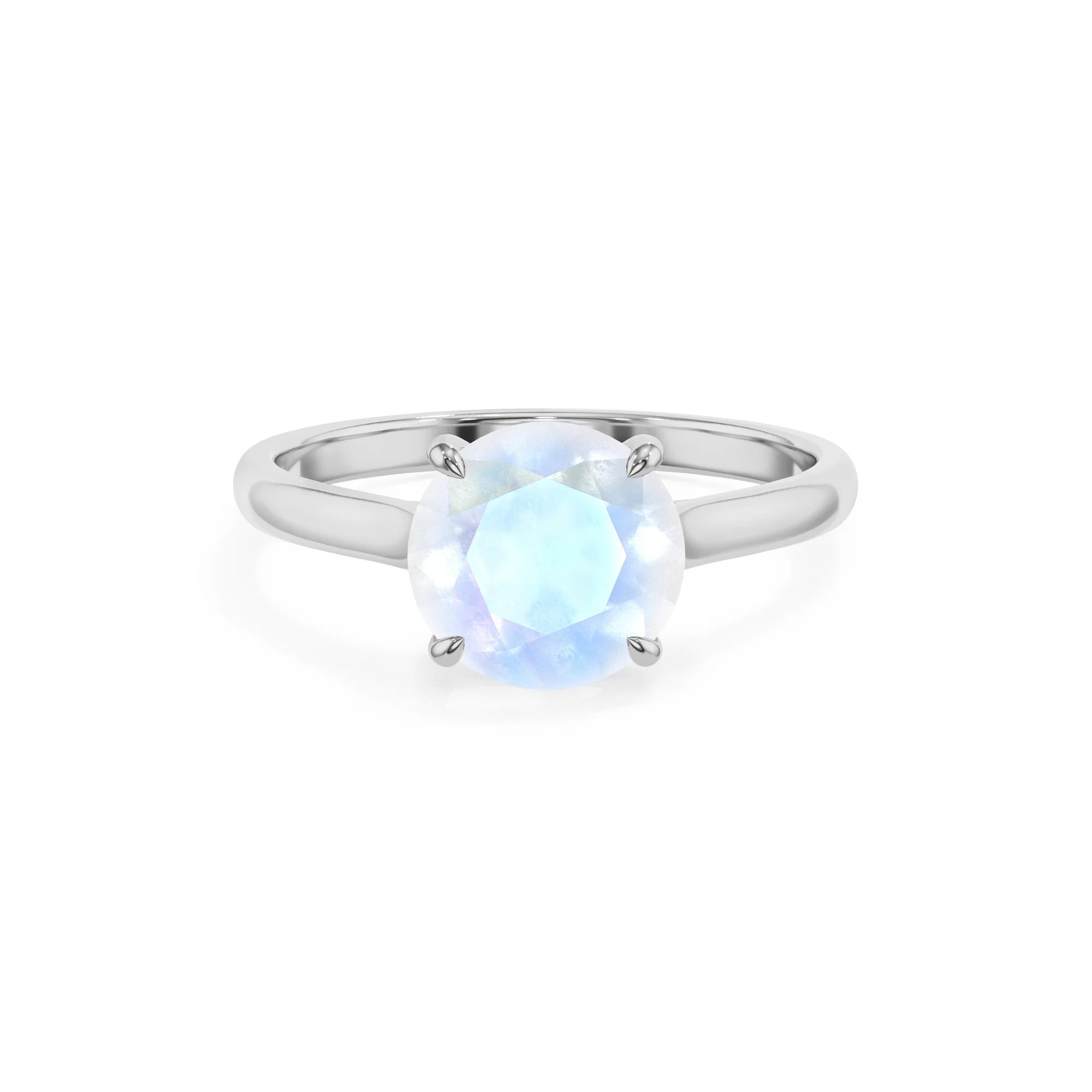 natural rainbow-moonstone round solitaire rings in white gold 