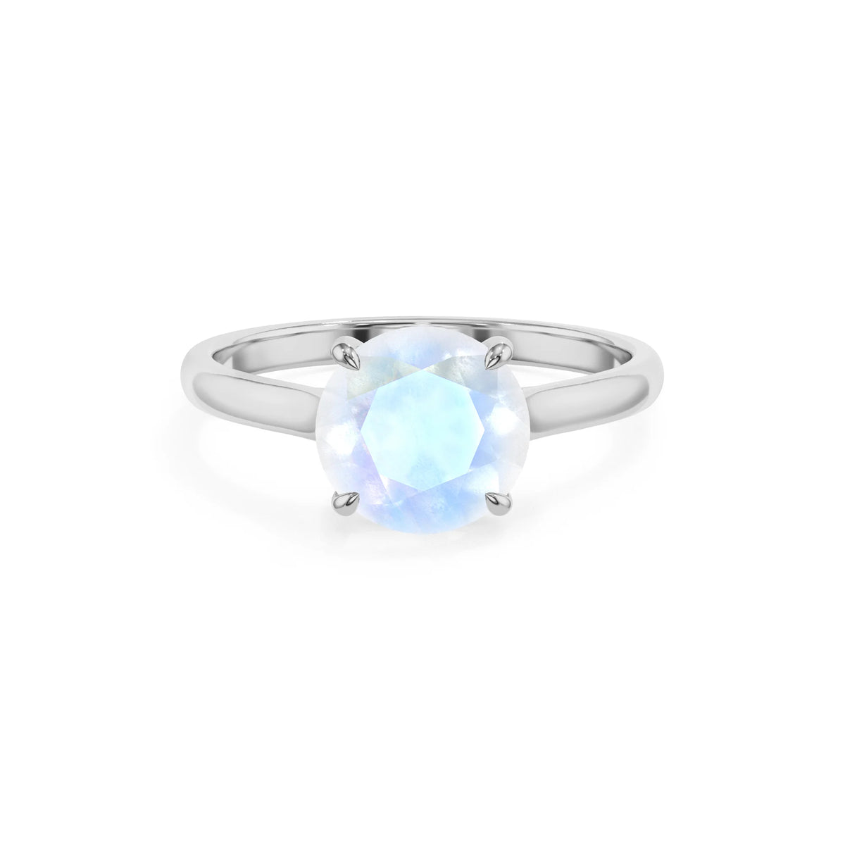 natural rainbow-moonstone round solitaire rings in white gold 