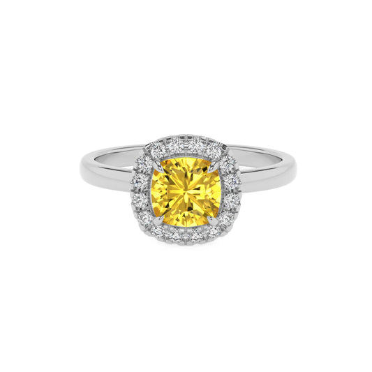lab grown yellow-sapphire cushion solitaire rings in platinum 